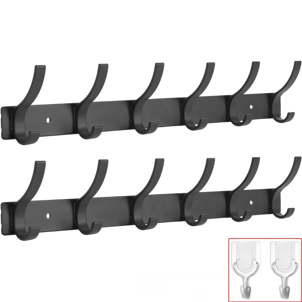 Wandgemonteerd Kledingrek – Zwart Aluminium, Modern Design met 6 Haken voor Gang, Slaapkamer of Badkamer