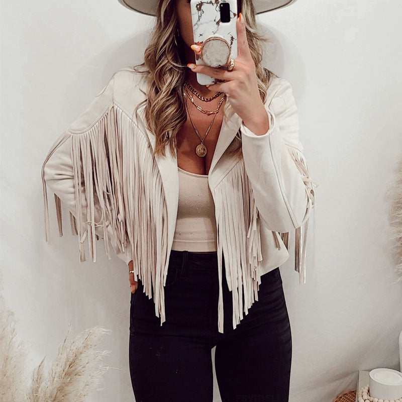 Dames Western Boho Suède Jas met Franjes – Festival Tussenjas voor Lente/Herfst