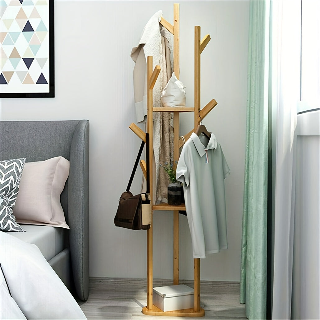 Bambus Tøjstativ – Fritstaand, elegant design med 9 kroge og 3 hylder til entré eller stue
