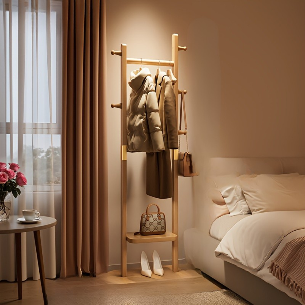 Vrijstaand kledingrek – Metaal met houtlook, 5 planken en hoedenrek voor de hal of slaapkamer