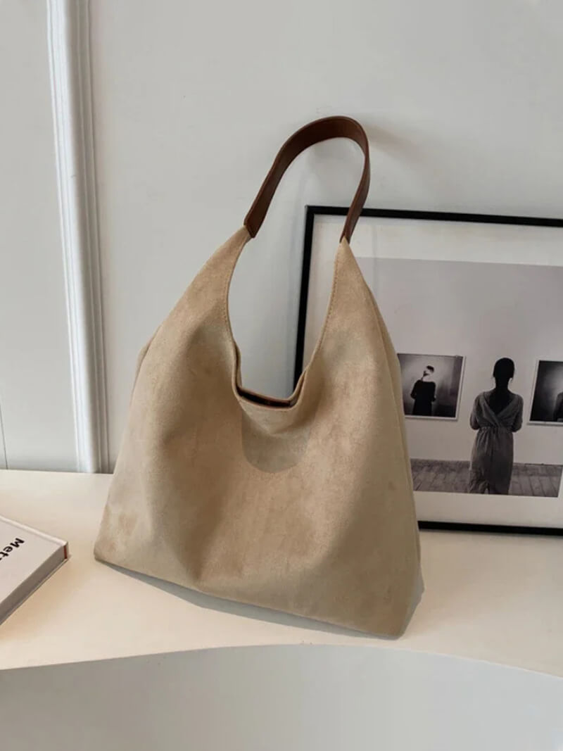 Dame rummelig hobo skuldertaske – Ruskind, blød taske til hverdagsbrug. Blød ruskindslook, ubesværet stil