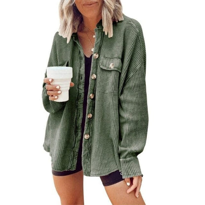 Dames Ribfluwelen Knoopjas – Corduroy, met knoopsluiting, casual tussenjas voor herfst