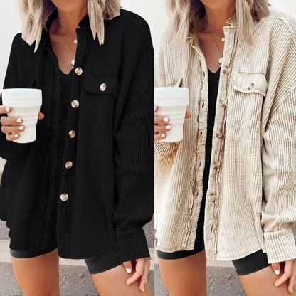 Dames Ribfluwelen Knoopjas – Corduroy, met knoopsluiting, casual tussenjas voor herfst