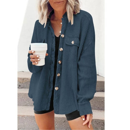 Dames Ribfluwelen Knoopjas – Corduroy, met knoopsluiting, casual tussenjas voor herfst
