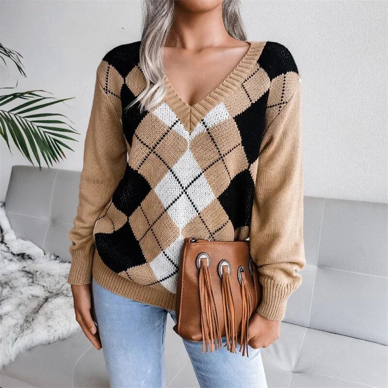 Dames Basic V-hals Gebreide Trui – Lange Mouwen, Effen, Casual Pullover voor Herfst/Winter