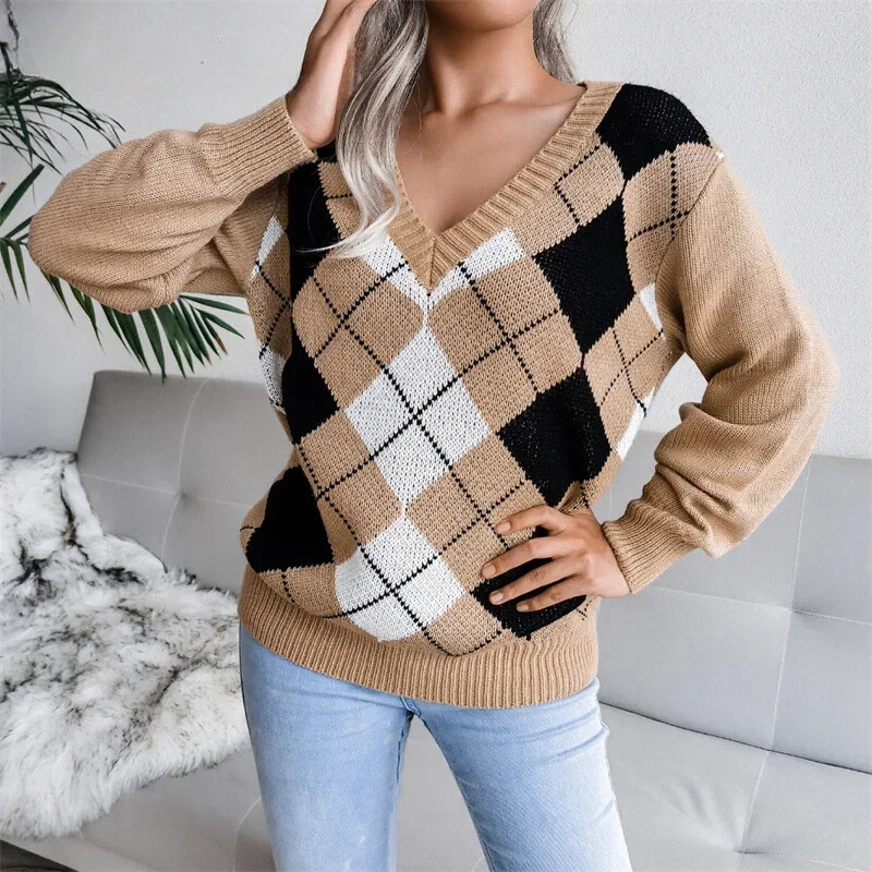 Dames Basic V-hals Gebreide Trui – Lange Mouwen, Effen, Casual Pullover voor Herfst/Winter