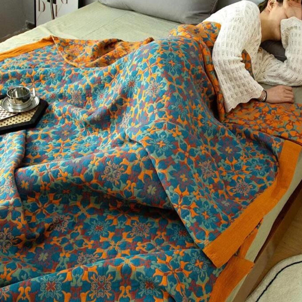 Katoenen plaid – Kleurrijk motief, zachte textuur voor in de slaapkamer of woonkamer