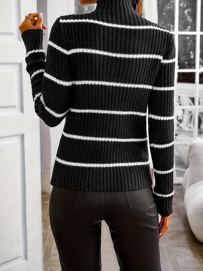 Dames Fijngebreide Coltrui – Gestreept, Lange Mouw, Casual Trui voor Herfst en Winter