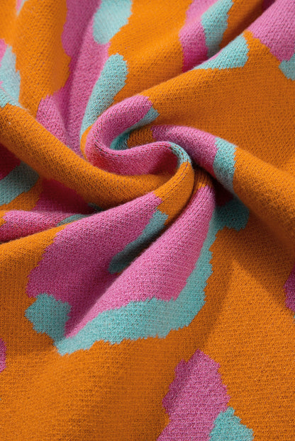 Dames Gebreide Pullover Trui – Oranje Panterprint, Casual voor Herfst en Winter