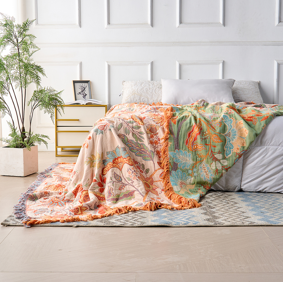 Bohemian Cotton Plaid – Creme med Blomsterprint i Orange og Blå til Stue eller Soveværelse