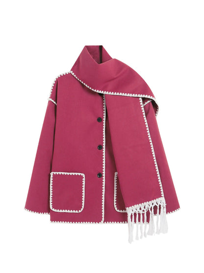 Dames Lange Wrap Mantel – Jas met Sjaal, Sjaalkraag, Winter, Zakelijk & Avondkleding