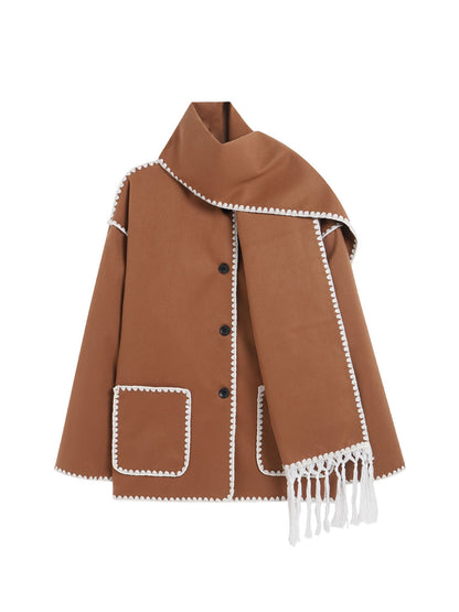 Dames Lange Wrap Mantel – Jas met Sjaal, Sjaalkraag, Winter, Zakelijk & Avondkleding