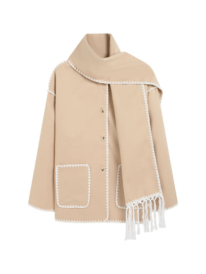 Dames Lange Wrap Mantel – Jas met Sjaal, Sjaalkraag, Winter, Zakelijk & Avondkleding