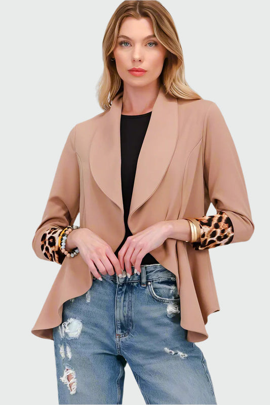 Dames Open Blazer – Luipaardprint, Opgerolde Mouwen, Zonder Knopen, Casual en Zakelijk