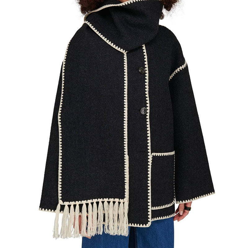 Dames Lange Wrap Mantel – Jas met Sjaal, Sjaalkraag, Winter, Zakelijk & Avondkleding