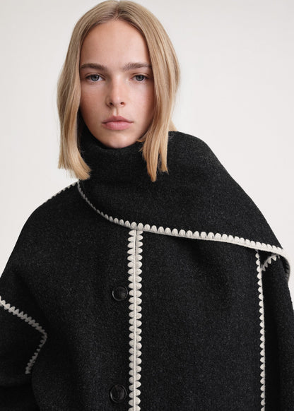 Dames Lange Wrap Mantel – Jas met Sjaal, Sjaalkraag, Winter, Zakelijk & Avondkleding