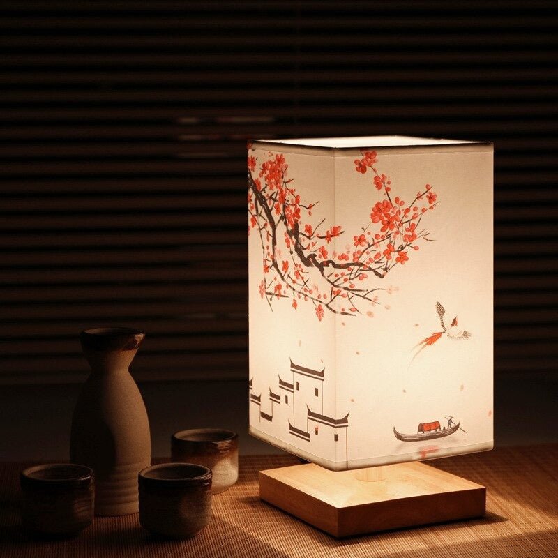 Bordlamp – Stof met Japans Print, Scandinavisch Design voor Slaapkamer of Woonkamer
