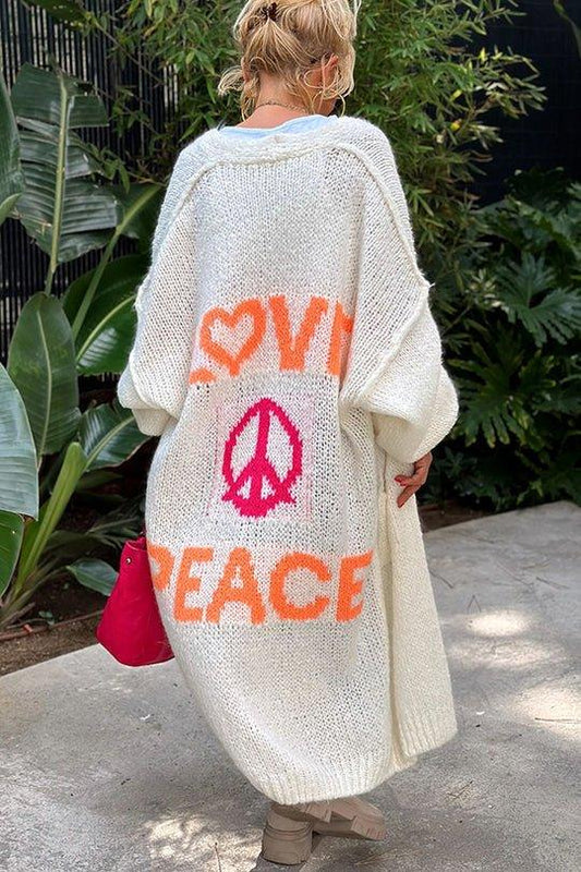 Dames Oversized Cardigan – Vintage stijl, Love & Peace tekstprint, casual vest voor herfst en winter