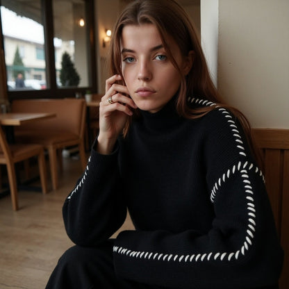 Dames Gebreide Trui – Regular Fit Pullover met Contraststiksels, Lange Mouwen