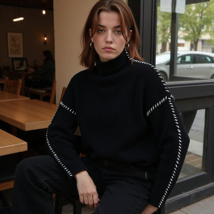 Dames Gebreide Trui – Regular Fit Pullover met Contraststiksels, Lange Mouwen