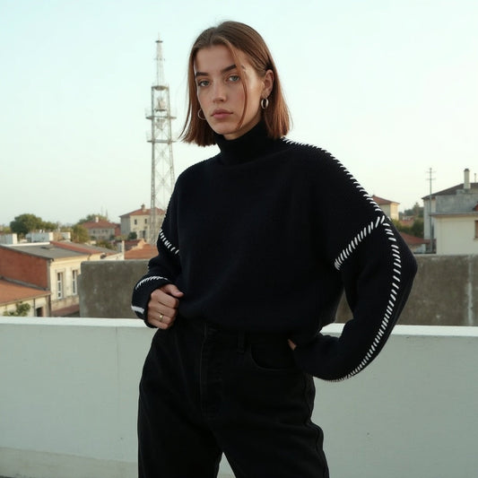 Dames Gebreide Trui – Regular Fit Pullover met Contraststiksels, Lange Mouwen