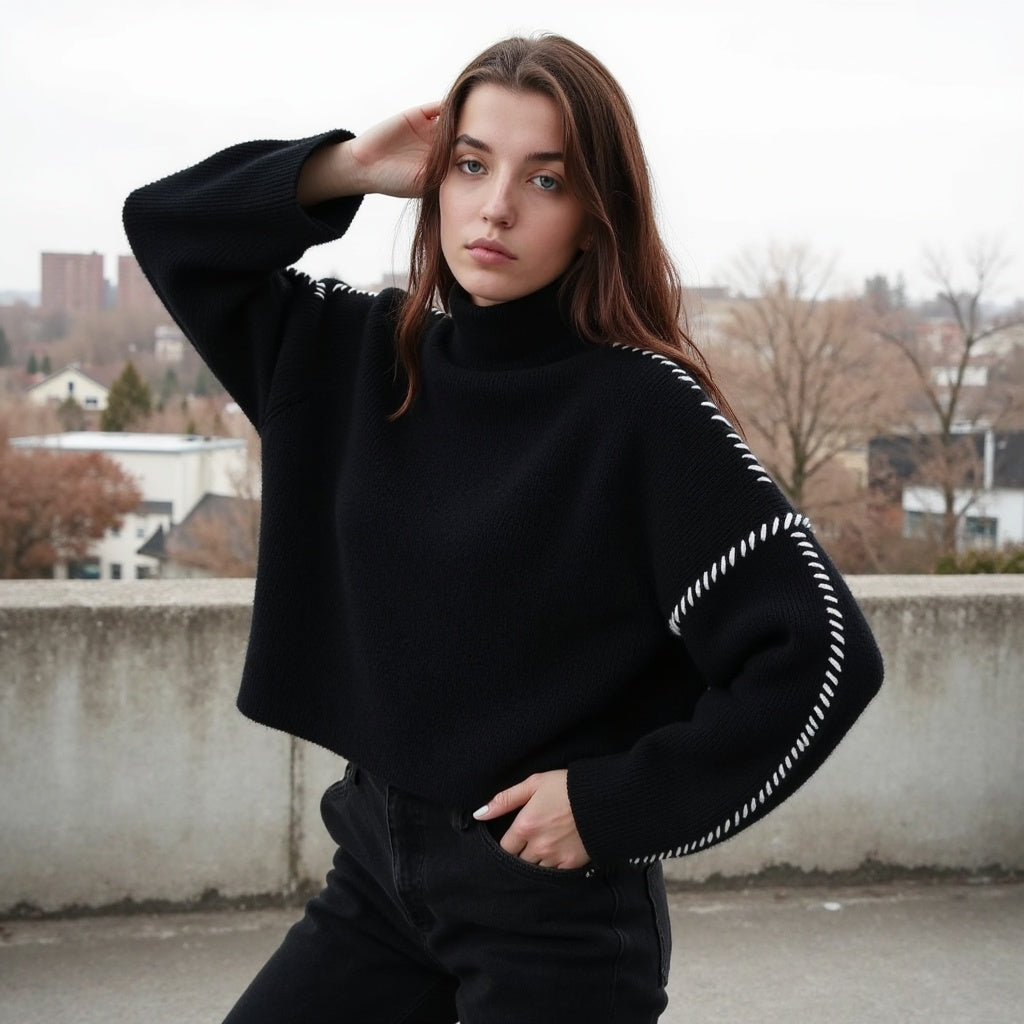 Dames Gebreide Trui – Regular Fit Pullover met Contraststiksels, Lange Mouwen