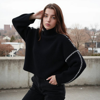 Dames Gebreide Trui – Regular Fit Pullover met Contraststiksels, Lange Mouwen