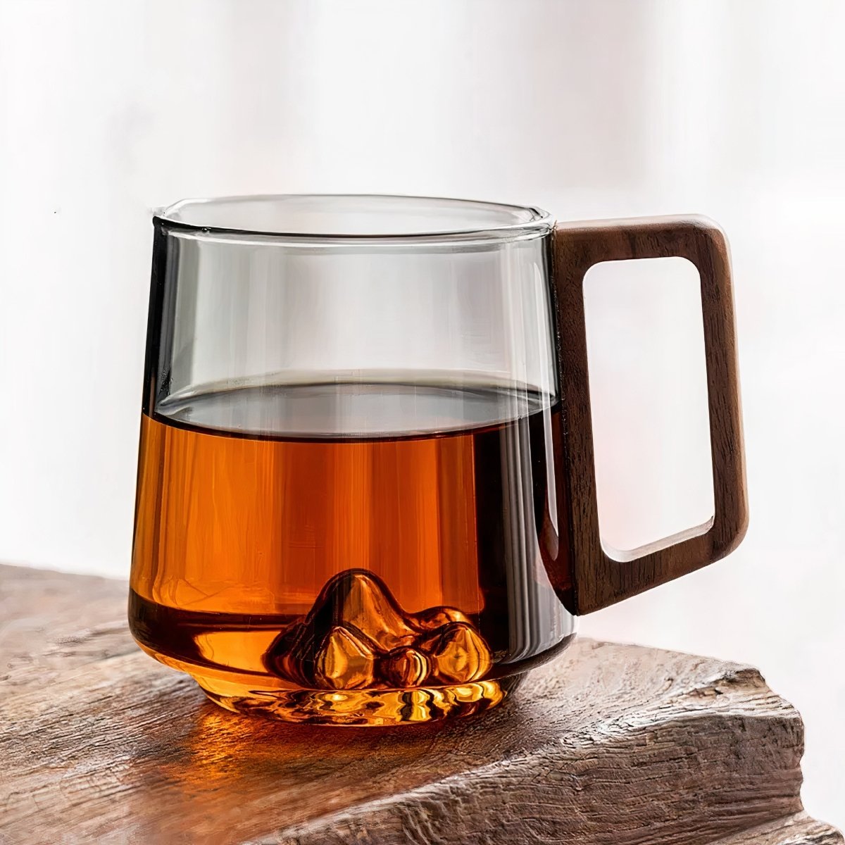 Glass coffee cup – Smoked glass with walnut handle, modern design for coffee or tea