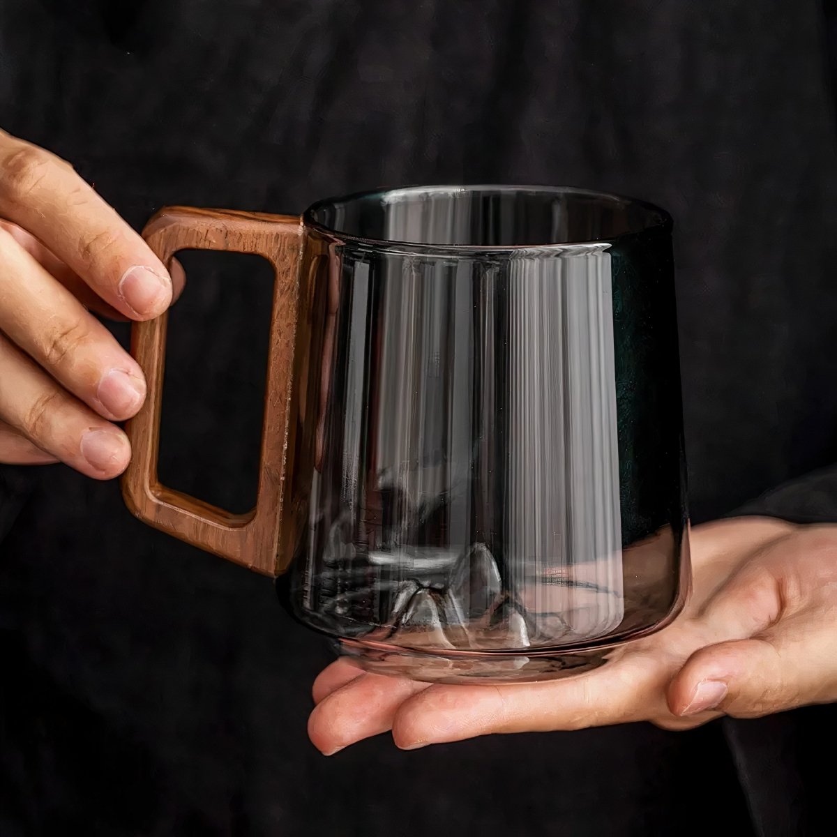 Glass coffee cup – Smoked glass with walnut handle, modern design for coffee or tea